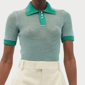 Green & White Striped Knitted Mesh Polo Top